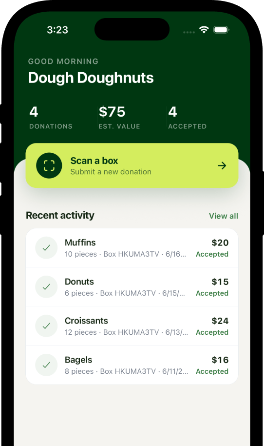 Foodbridge mobile app showing donation tracking